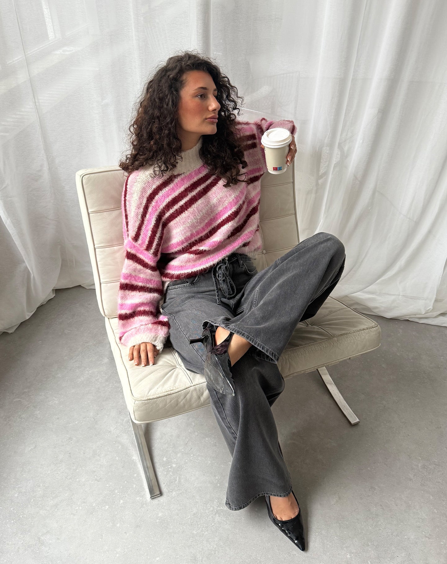 HAIRY STRIPE KNIT ROZE