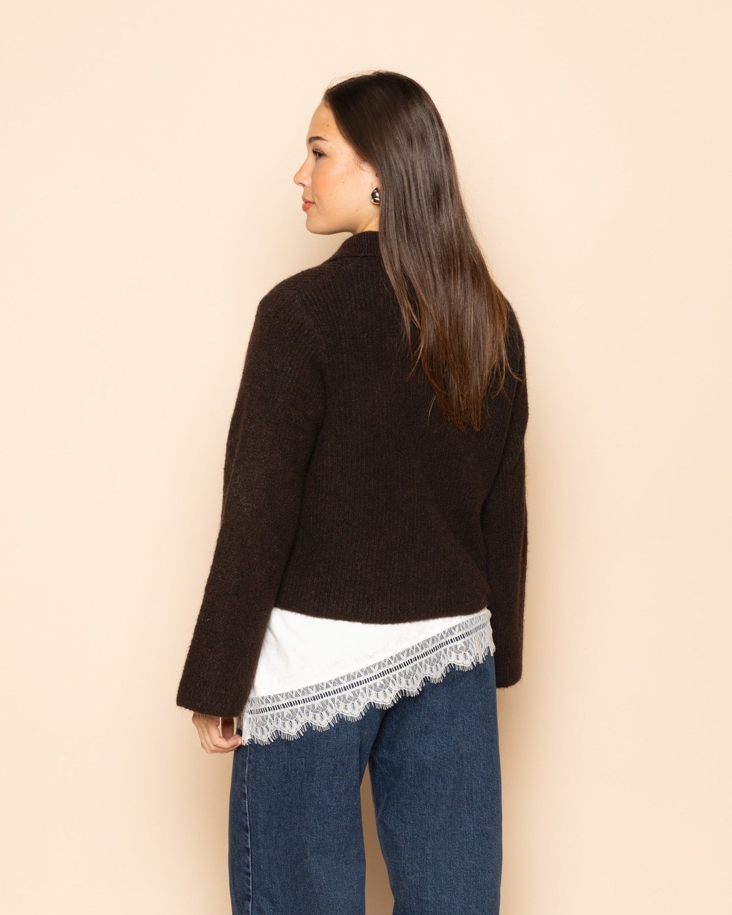 KNITTED POLO CARDIGAN DONKERBRUIN
