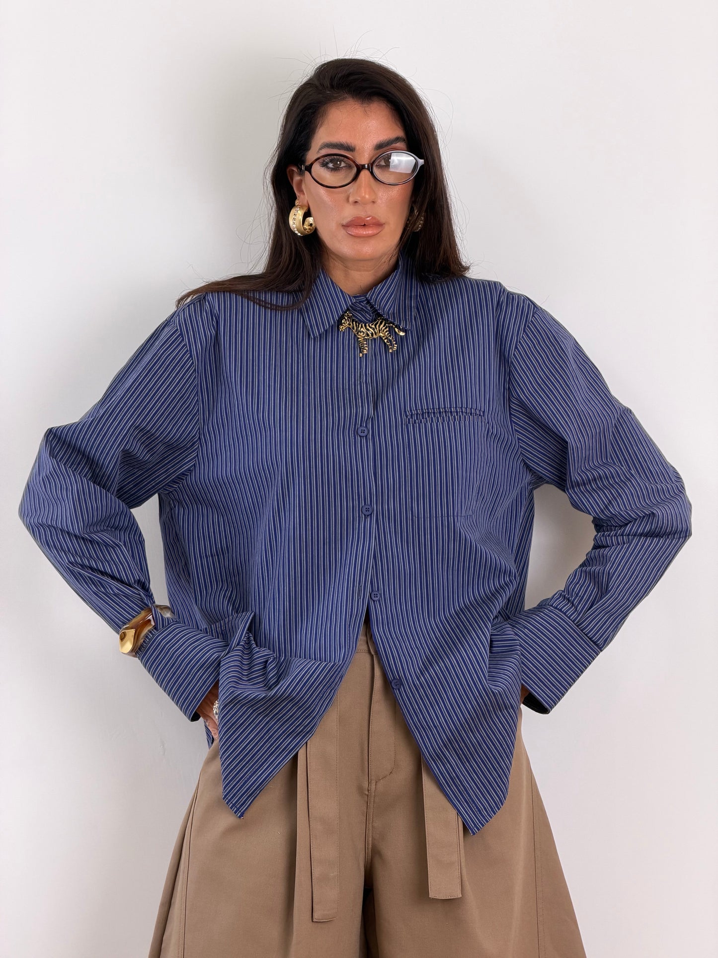 Camicia blu righe grigie W45099