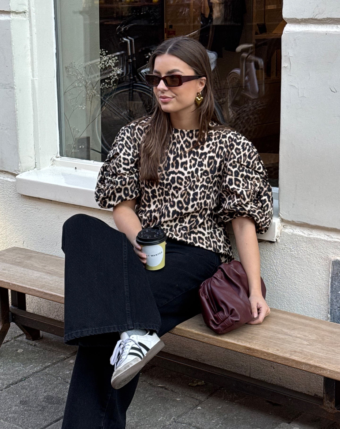 LEOPARD KNOTTED PUFF SLEEVE TOP ZWART