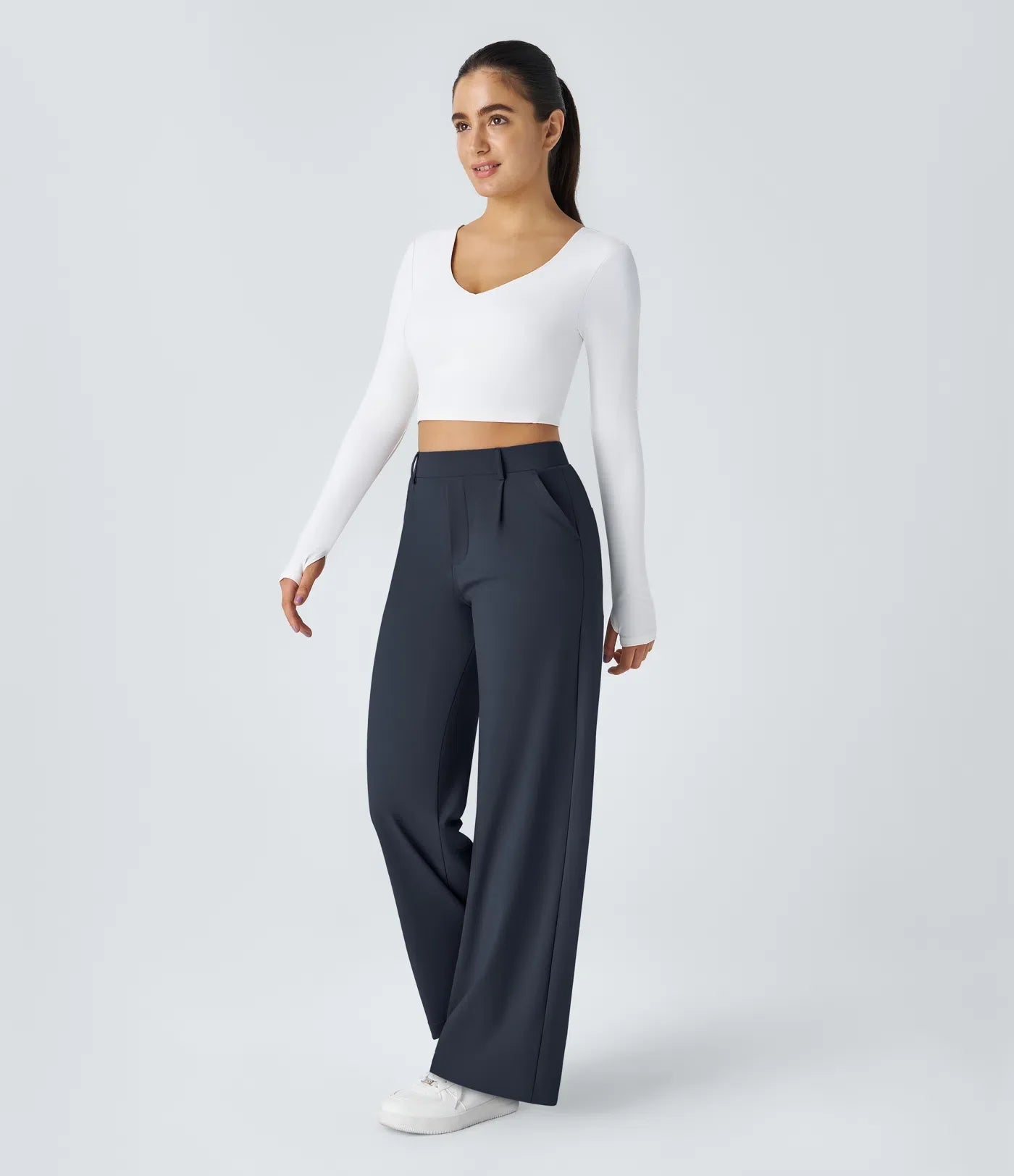 Pantalones de trabajo de cintura alta con bolsillos y pernera recta