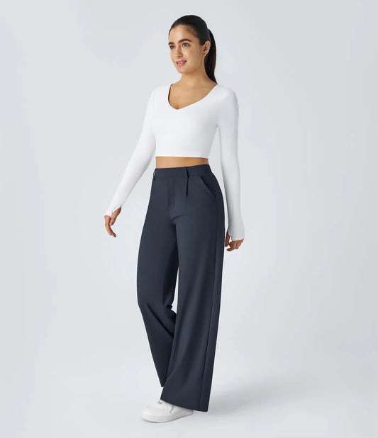 Pantalones de trabajo de cintura alta con bolsillos y pernera recta