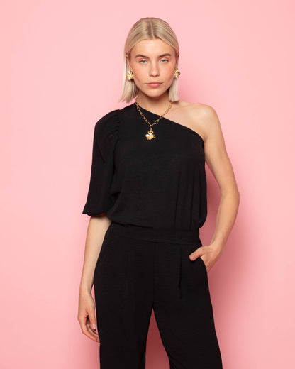 JULIE ONE SHOULDER PUFF SLEEVE TOP ZWART