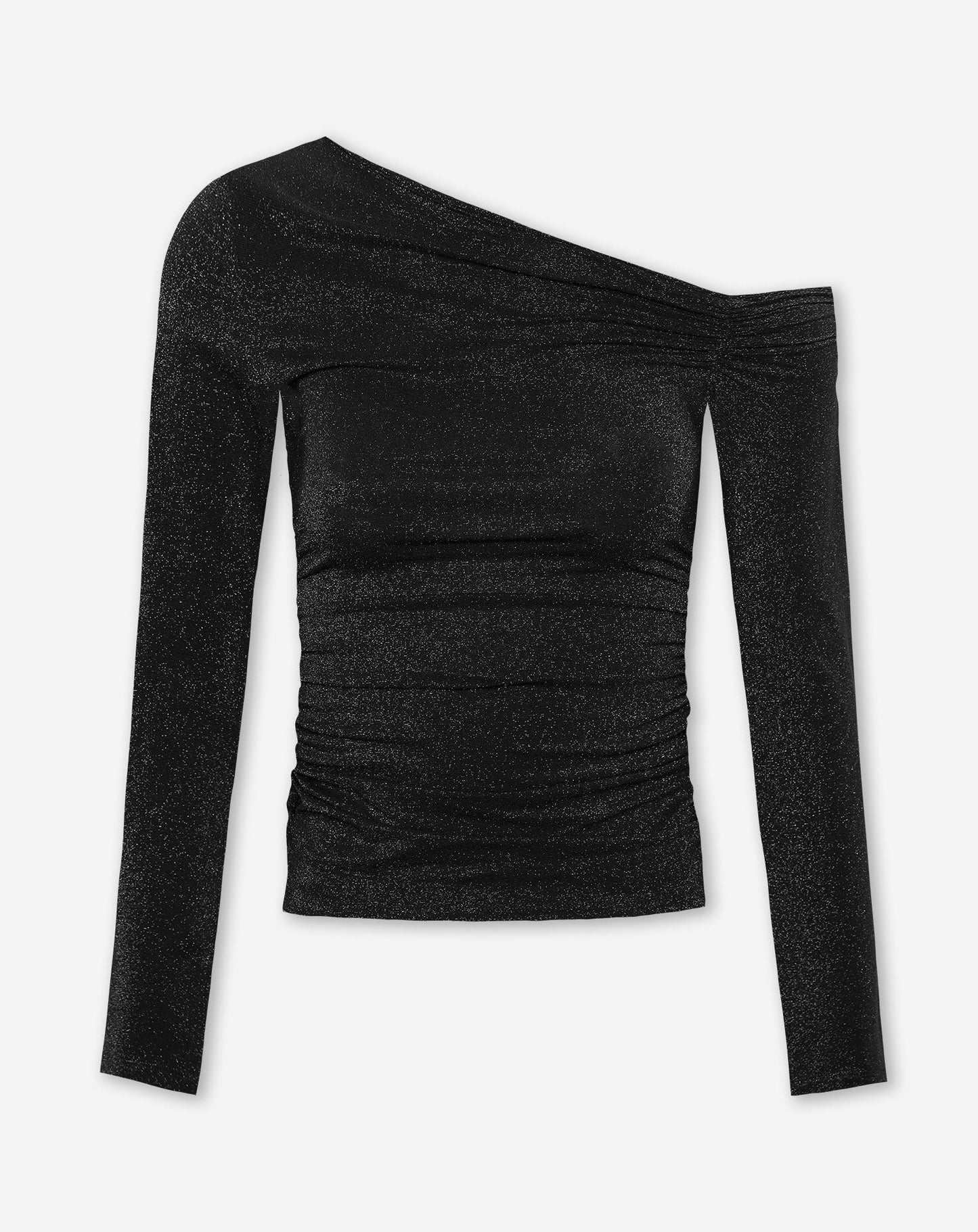 TAMAR GLITTER OFF SHOULDER RUCHED TOP ZWART