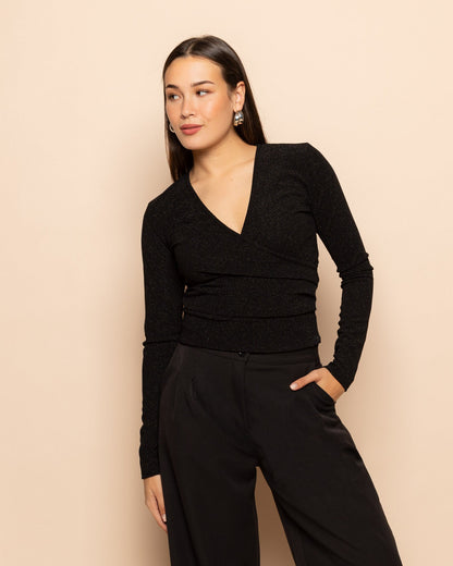 MARY GLITTER WRAP TOP ZWART