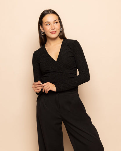 MARY GLITTER WRAP TOP ZWART