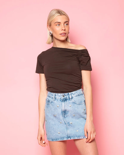 SHELL STUD DENIM SKIRT LICHTBLAUW