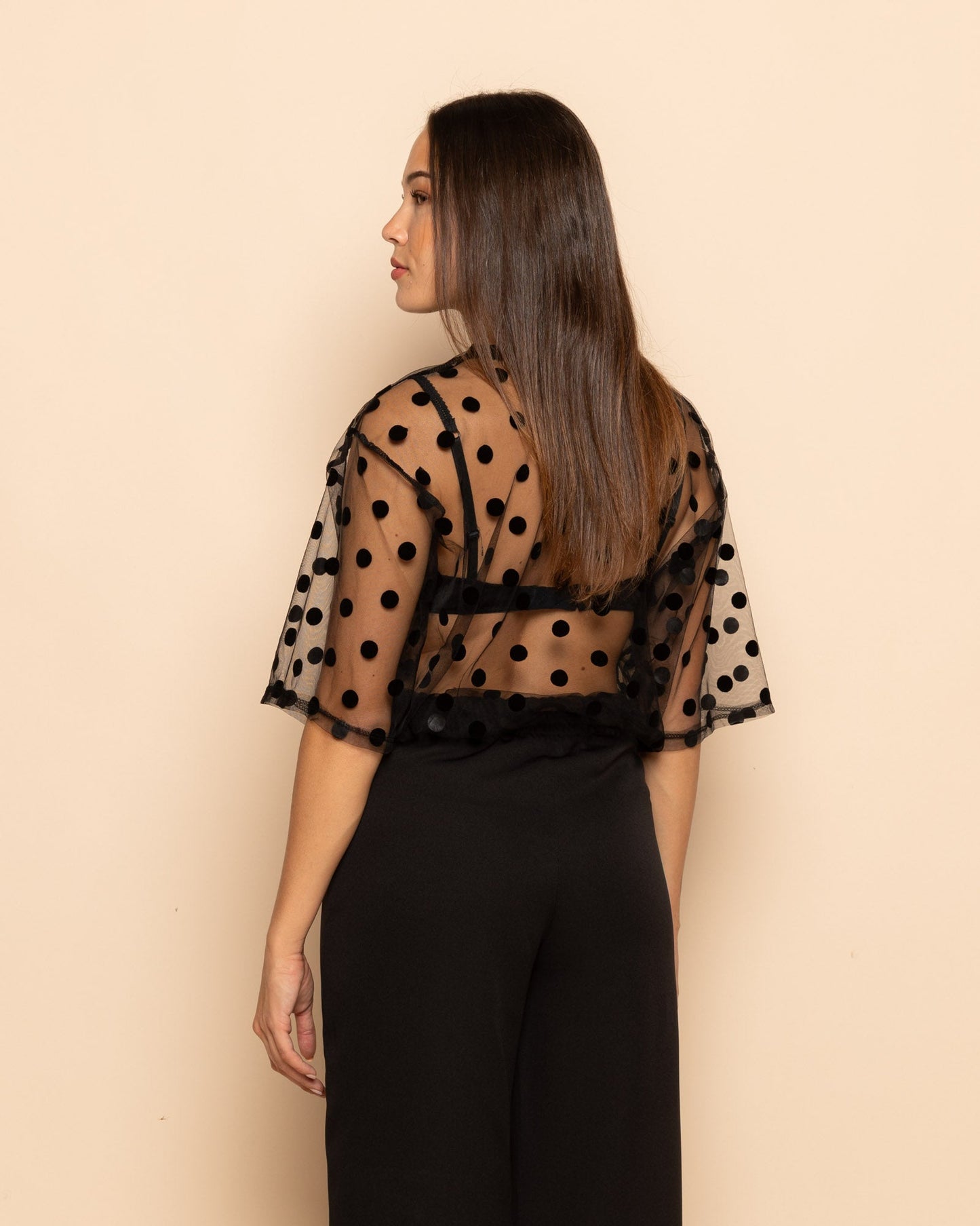 DOTS MESH TEE TOP ZWART
