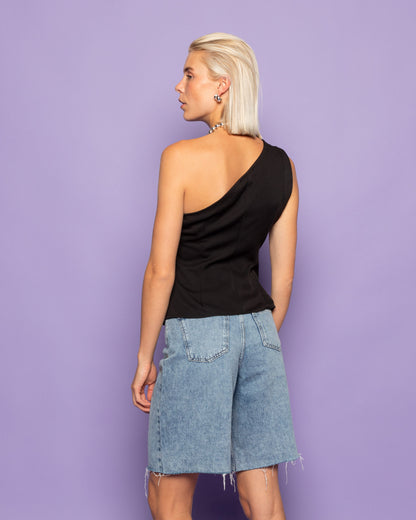 SOFIA ONE SHOULDER RUCHED TOP ZWART