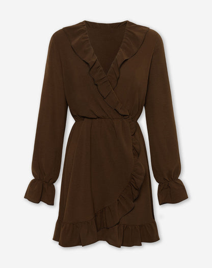 JULIE RUFFLE V-NECK WRAP DRESS BRUIN