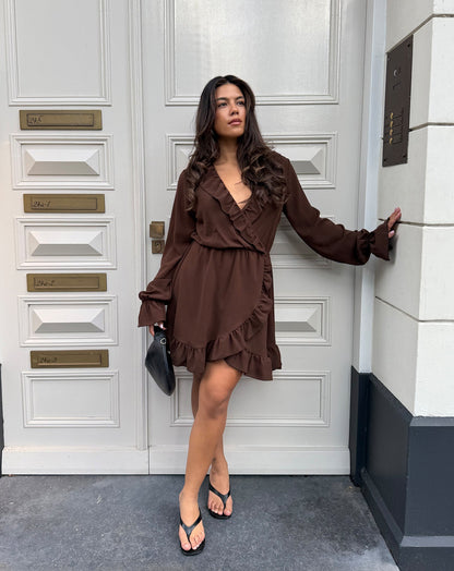 JULIE RUFFLE V-NECK WRAP DRESS BRUIN