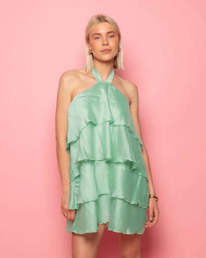 RUFFLE HALTER DRESS PISTACHE