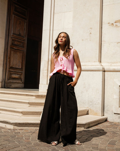 CARMEN LINEN WIDE LEG PANTS ZWART
