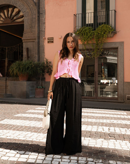 CARMEN LINEN WIDE LEG PANTS ZWART