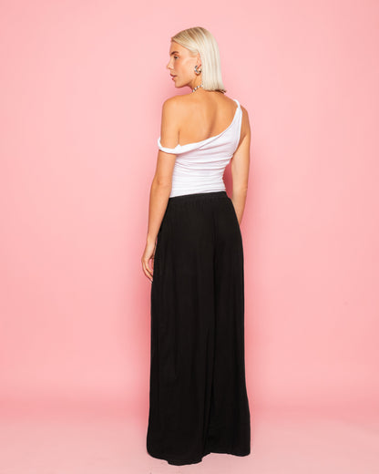 CARMEN LINEN WIDE LEG PANTS ZWART