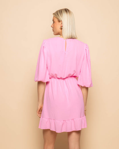 JULIE PUFF SLEEVE RUFFLE DRESS HARD ROZE