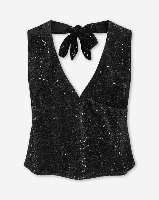 VELVET SEQUINS HALTER TOP ZWART