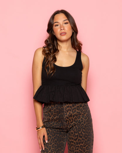 CONTRAST BUBBLE HEM SINGLET ZWART