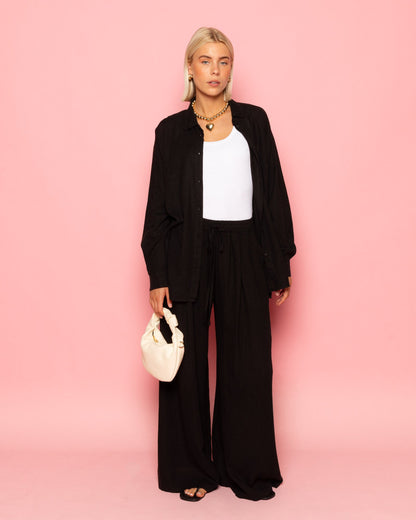 CARMEN LINEN WIDE LEG PANTS TALL ZWART