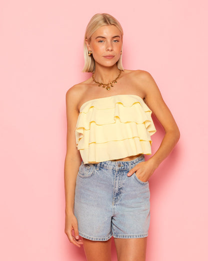 JULIE STRAPLESS RUFFLE TOP BOTERGEEL