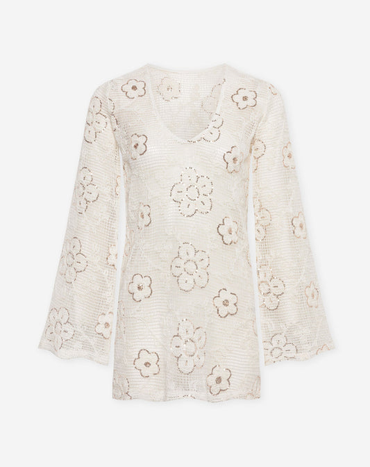 FLOWER SEQUIN CROCHET DRESS CRÈME