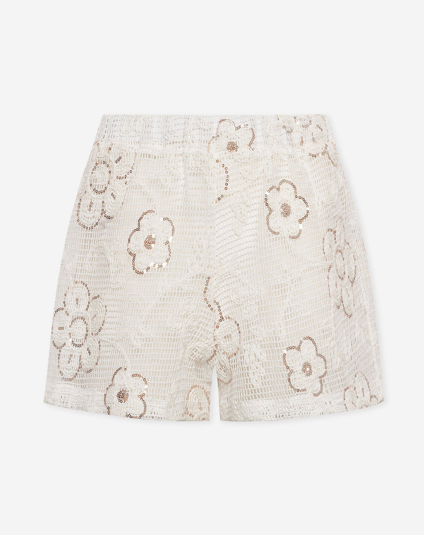 FLOWER SEQUIN CROCHET SHORTS CRÈME