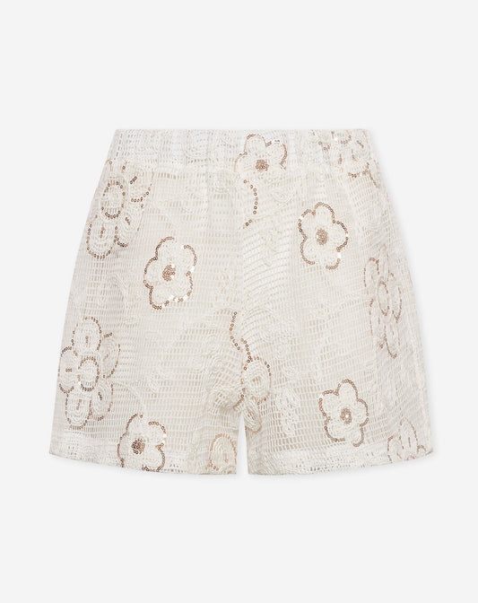 FLOWER SEQUIN CROCHET SHORTS CRÈME