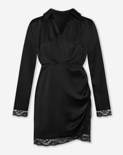 XELLY SATIN LACE DRESS ZWART
