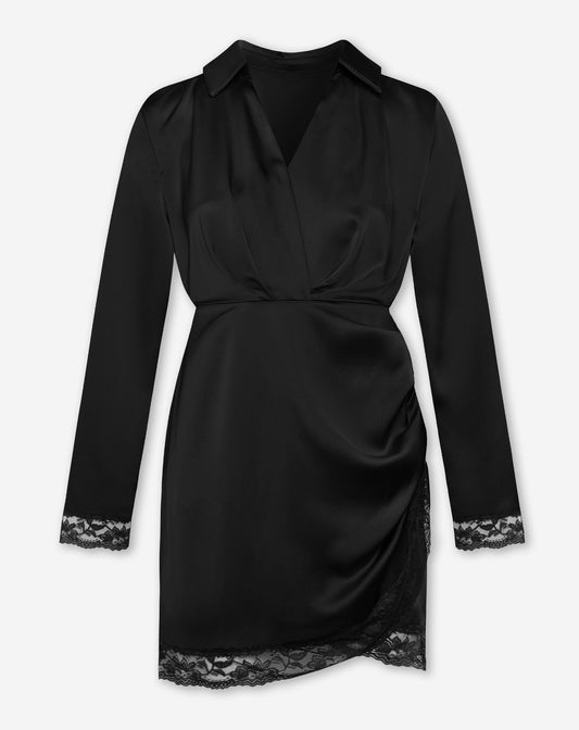XELLY SATIN LACE DRESS ZWART