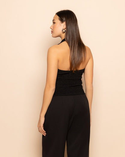 GLITTER HALTER TOP ZWART