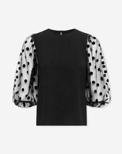 JULIE MESH DOT PUFF SLEEVE TOP ZWART