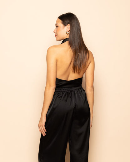 SATIN HALTER TOP ZWART