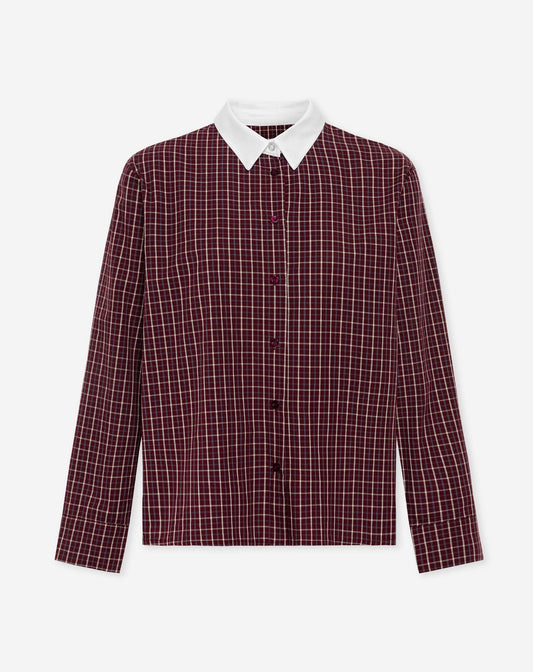CHECKED CONTRAST COLLAR BLOUSE BURGUNDY