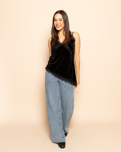 ASYMMETRIC VELVET LACE CAMI TOP ZWART
