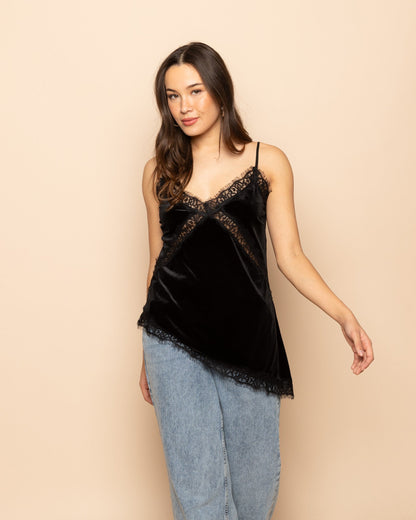 ASYMMETRIC VELVET LACE CAMI TOP ZWART