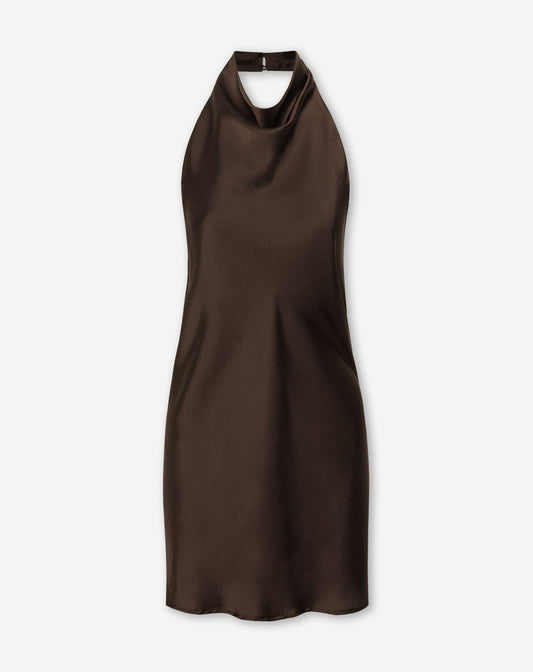 IRIS SATIN HALTER DRESS BRUIN