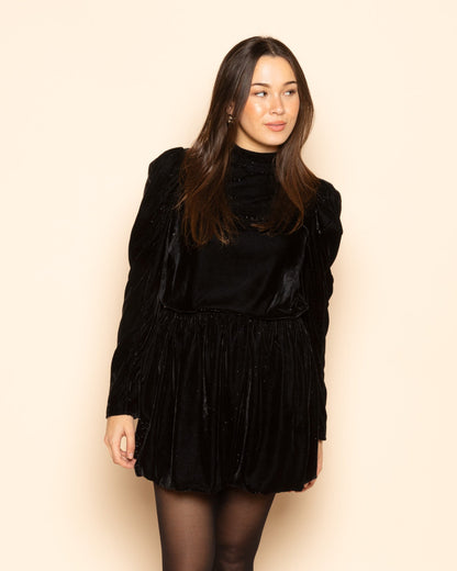 VELVET GLITTER PUFF SLEEVE TOP ZWART