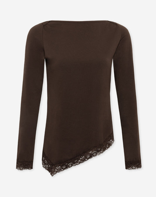 TAMAR ASYMMETRIC LACE TOP DONKERBRUIN