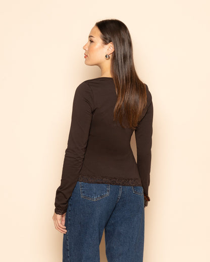 TAMAR ASYMMETRIC LACE TOP DONKERBRUIN