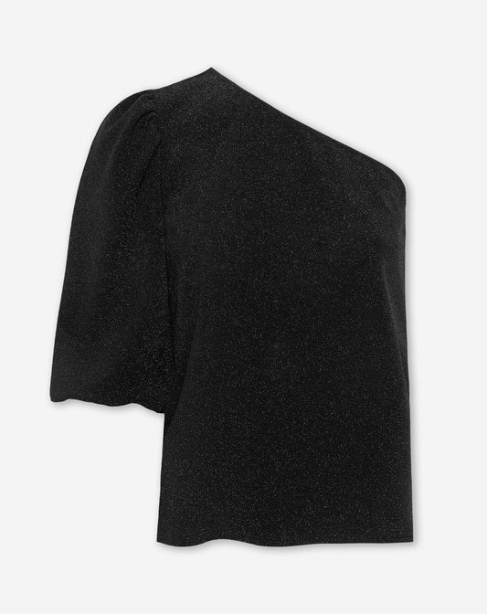 JULIE GLITTER ONE SHOULDER PUFF SLEEVE TOP ZWART