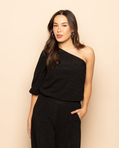 JULIE GLITTER ONE SHOULDER PUFF SLEEVE TOP ZWART