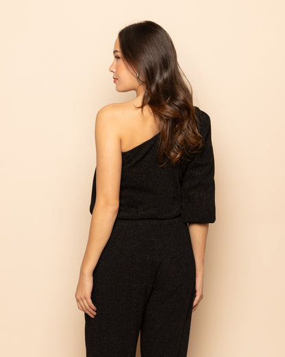 JULIE GLITTER ONE SHOULDER PUFF SLEEVE TOP ZWART