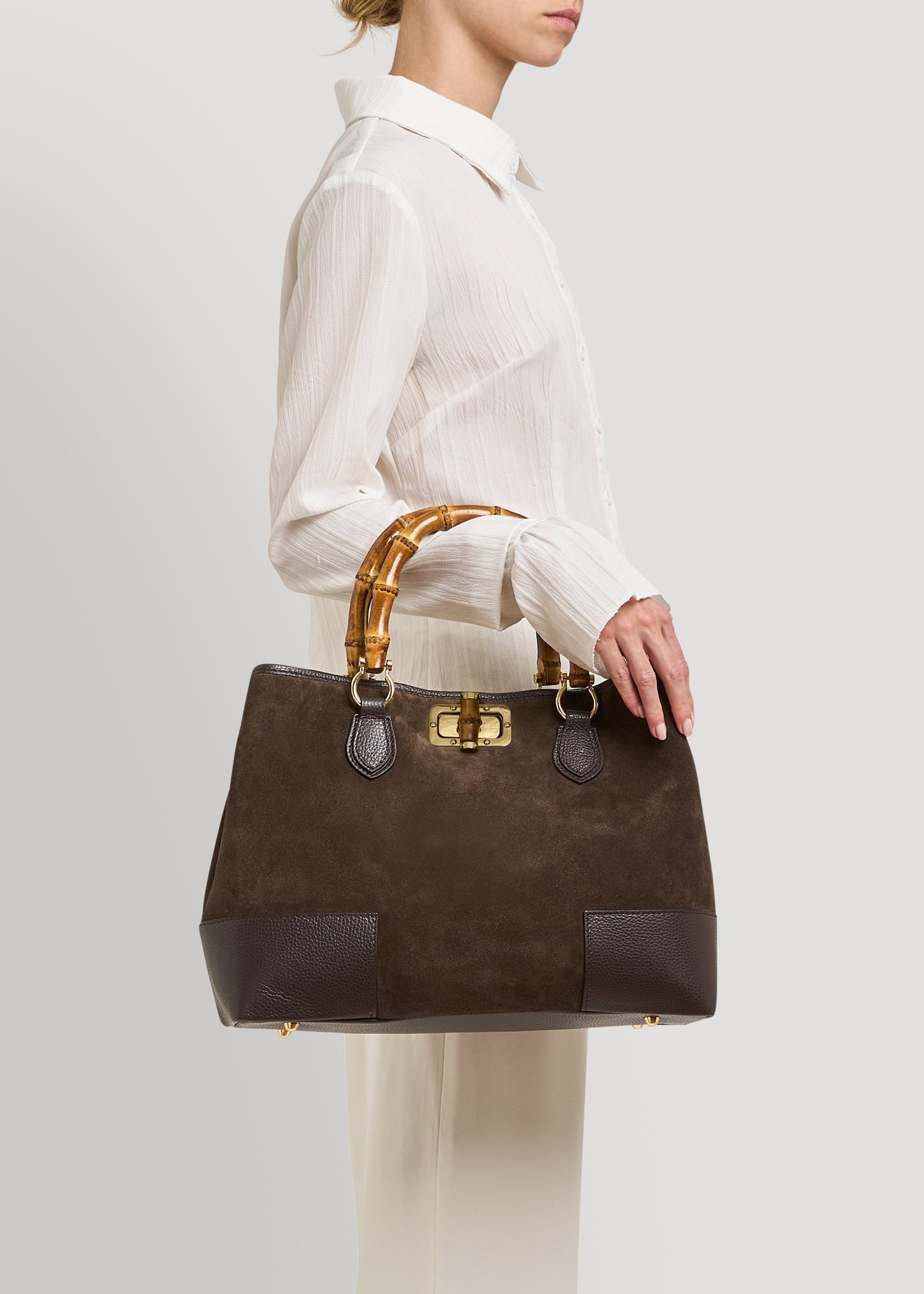 Borsa Bamboo Babe in Camoscio e Pelle Testa di moro