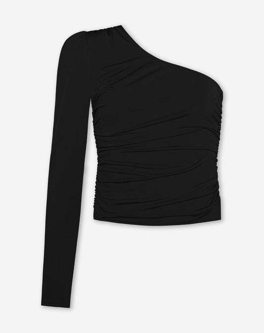 ONE SLEEVE RUCHED TOP ZWART