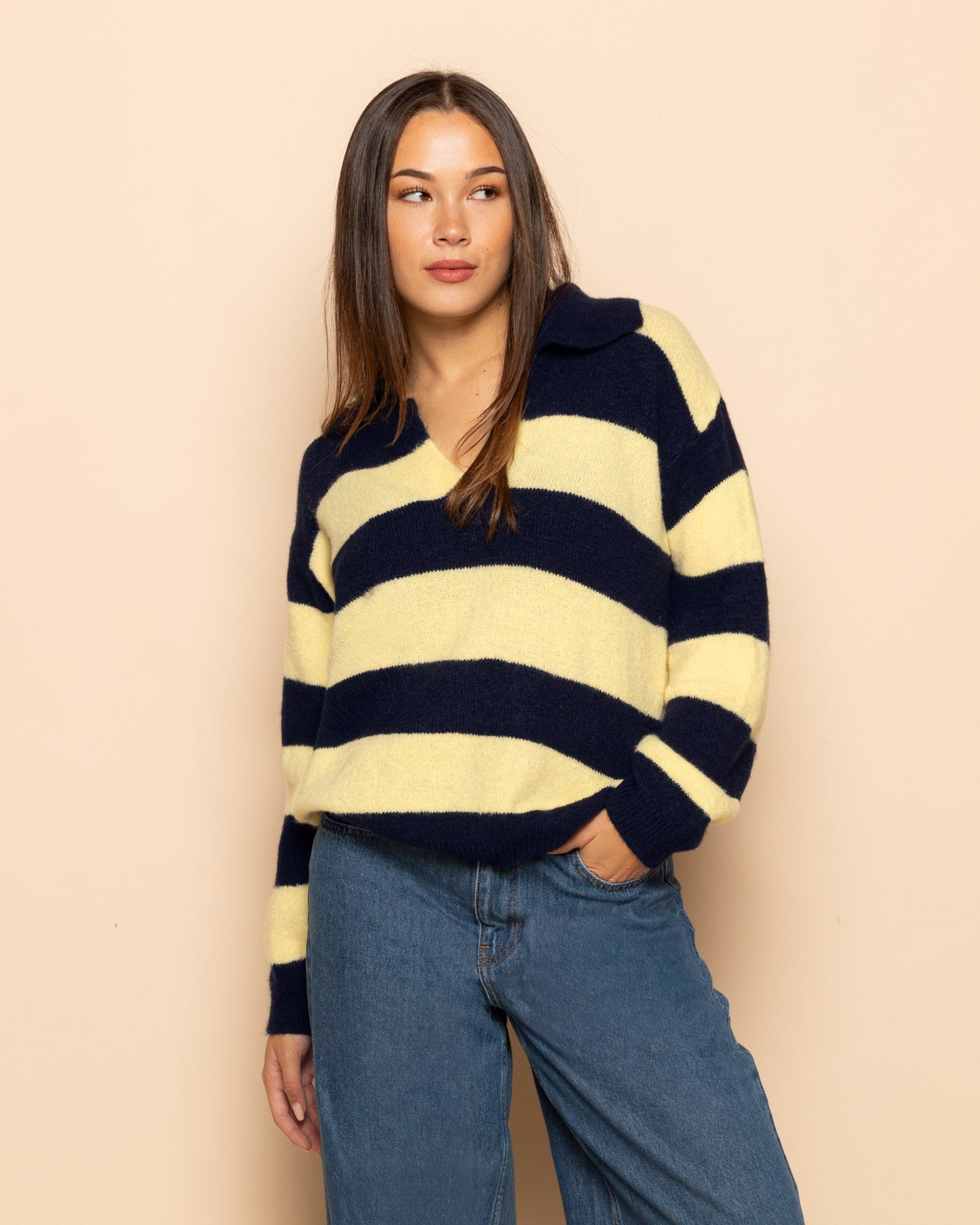 KNITTED STRIPE POLO MARINEBLAUW