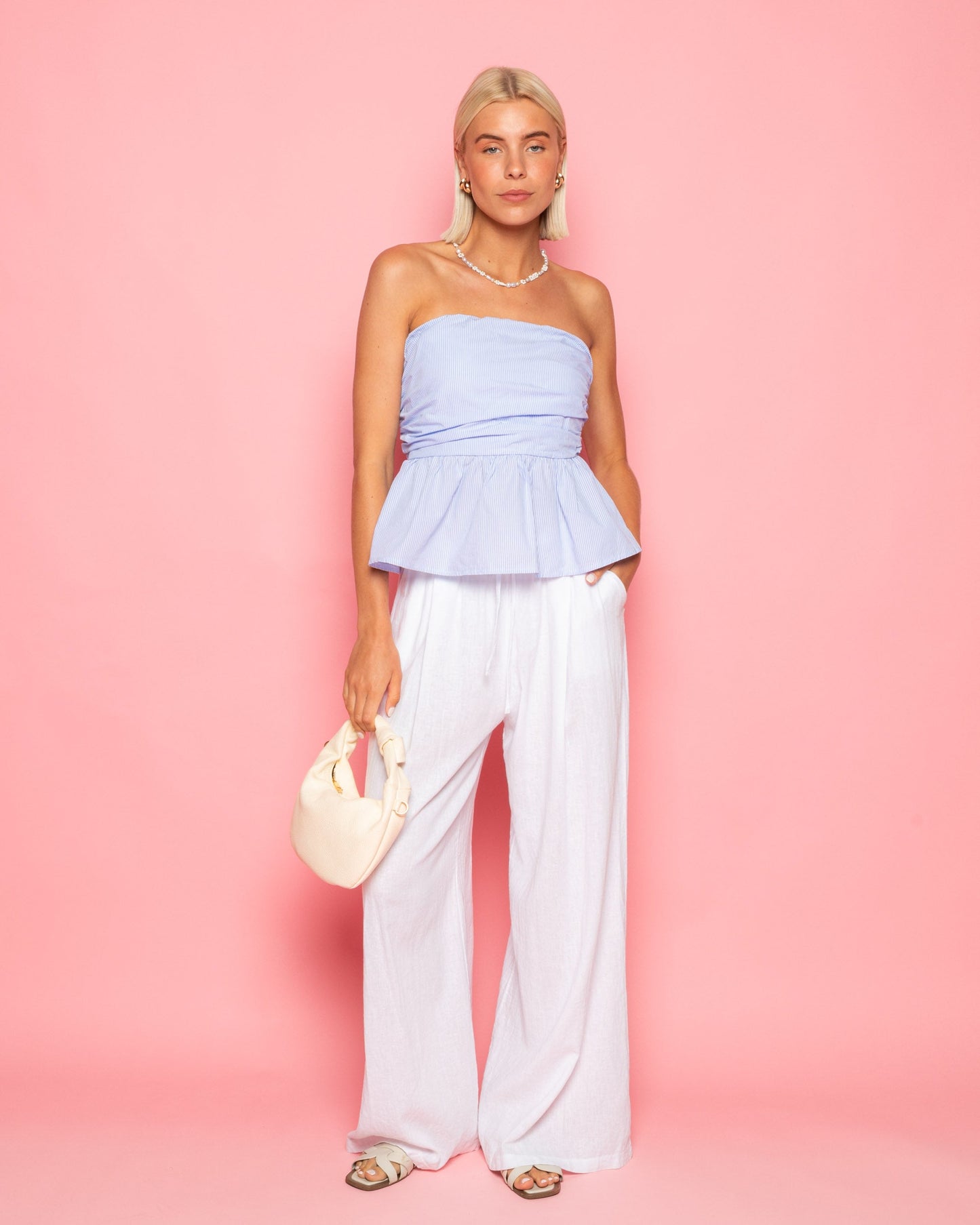 LEIA STRIPE PEPLUM TOP LICHTBLAUW