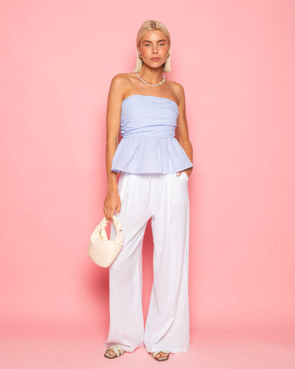 LEIA STRIPE PEPLUM TOP LICHTBLAUW