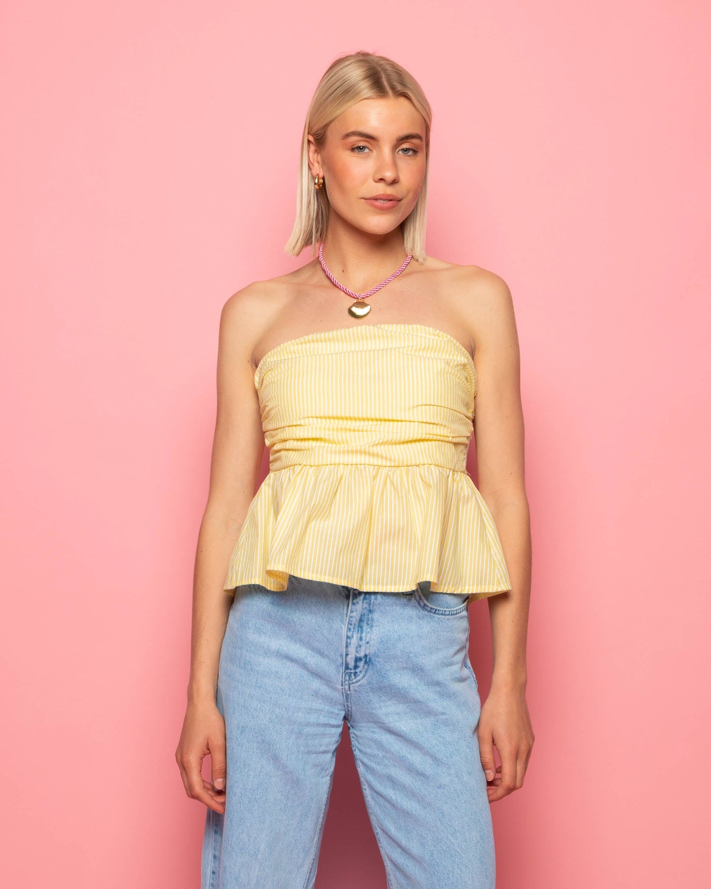 LEIA STRIPE PEPLUM TOP GEEL