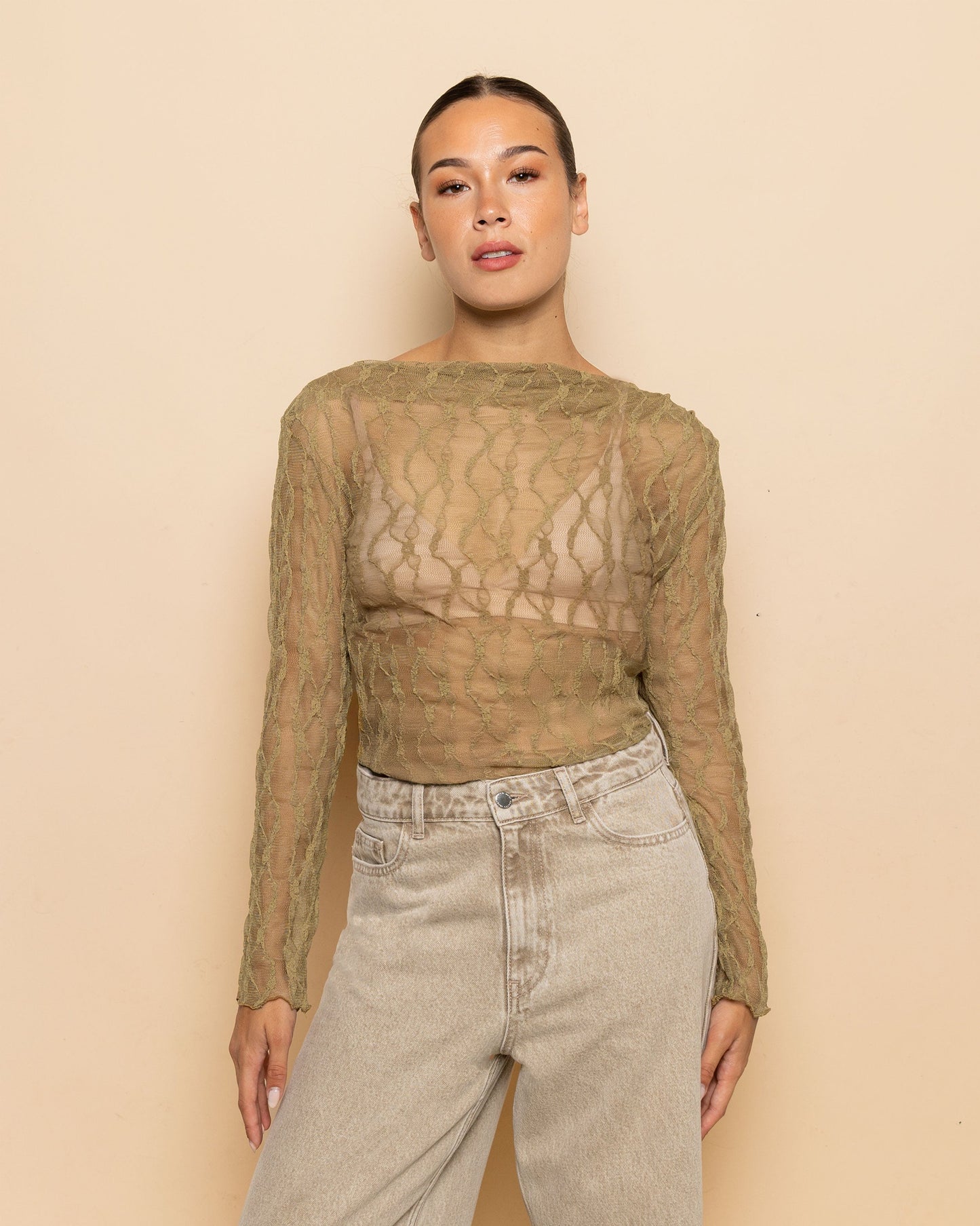 YENTL LACE TOP OLIJFGROEN