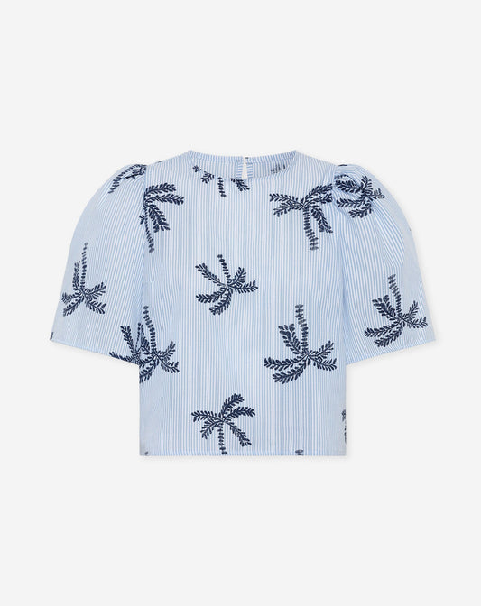 PALM STRIPE PUFF TOP BLAUW